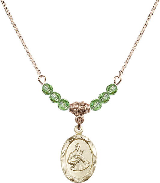 14kt Gold Filled Saint Gerard Birthstone Necklace with Peridot Beads - 0612