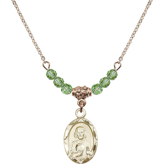14kt Gold Filled Saint Jude Birthstone Necklace with Peridot Beads - 0612