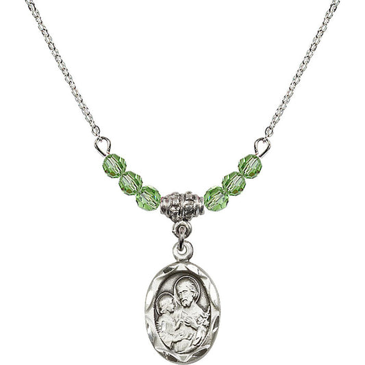 Sterling Silver Saint Joseph Birthstone Necklace with Peridot Beads - 0612