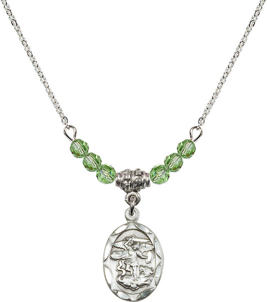Sterling Silver Saint Michael the Archangel Birthstone Necklace with Peridot Beads - 0612