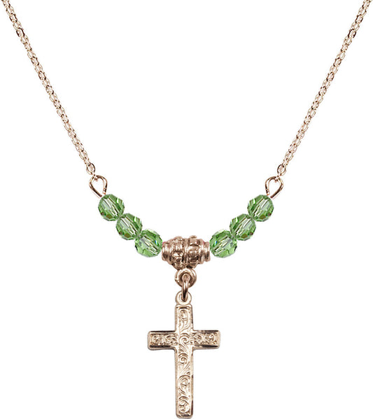 14kt Gold Filled Cross Birthstone Necklace with Peridot Beads - 0672