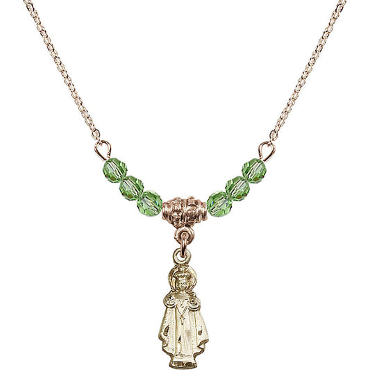 14kt Gold Filled Infant of Prague Birthstone Necklace with Peridot Beads - 0823