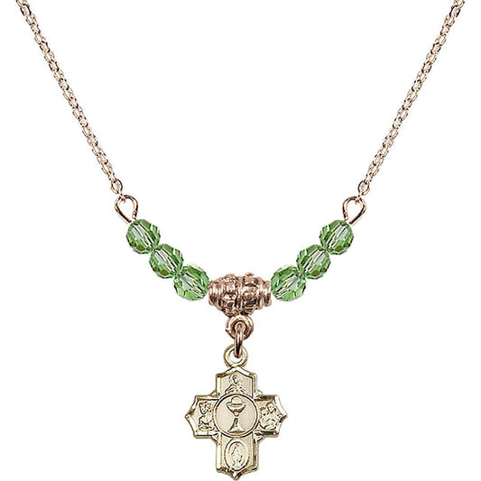 14kt Gold Filled Communion 5-Way Birthstone Necklace with Peridot Beads - 0890