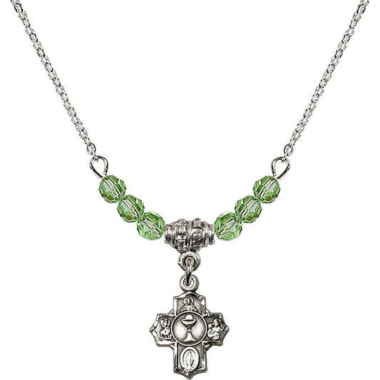 Sterling Silver Communion 5-Way Birthstone Necklace with Peridot Beads - 0890