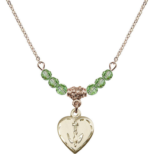 14kt Gold Filled Heart / Confirmation Birthstone Necklace with Peridot Beads - 0891