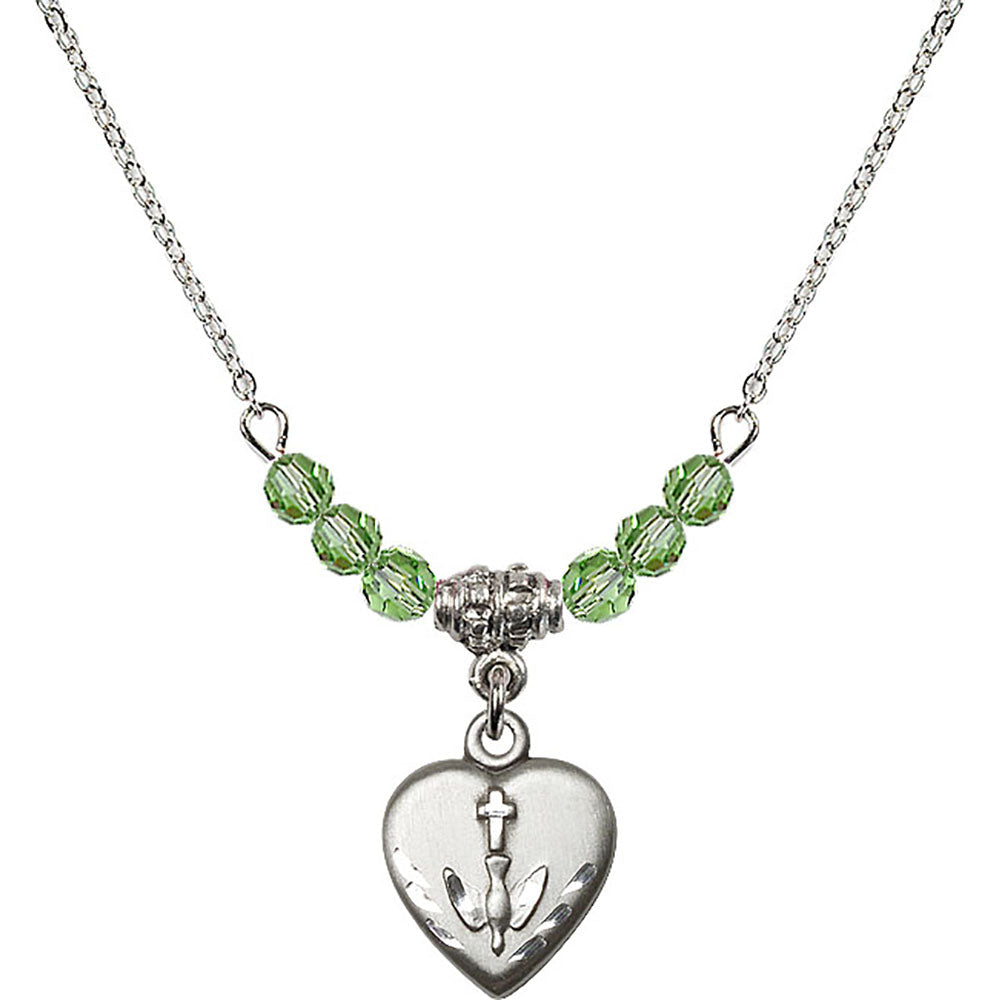 Sterling Silver Heart / Confirmation Birthstone Necklace with Peridot Beads - 0891