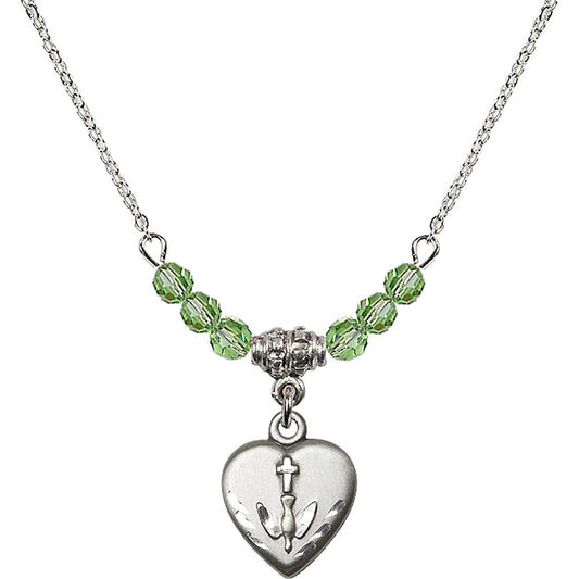 Sterling Silver Heart / Confirmation Birthstone Necklace with Peridot Beads - 0891