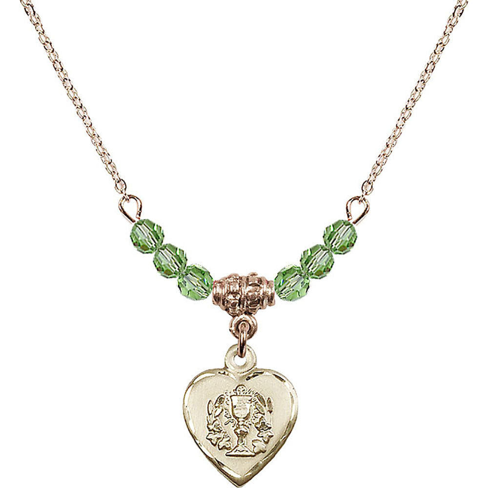 14kt Gold Filled Heart / Communion Birthstone Necklace with Peridot Beads - 0892