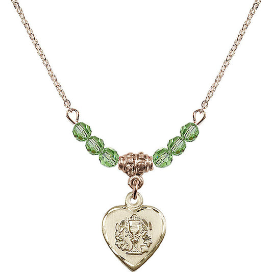 14kt Gold Filled Heart / Communion Birthstone Necklace with Peridot Beads - 0892