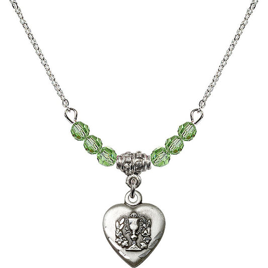 Sterling Silver Heart / Communion Birthstone Necklace with Peridot Beads - 0892