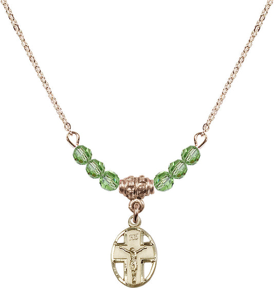 14kt Gold Filled Crucifix Birthstone Necklace with Peridot Beads - 0978