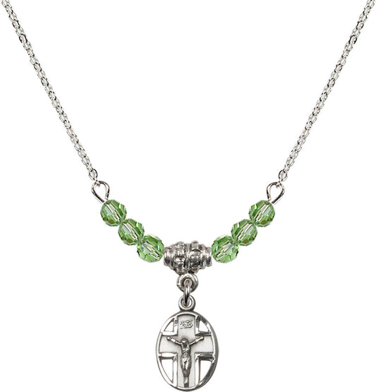 Sterling Silver Crucifix Birthstone Necklace with Peridot Beads - 0978