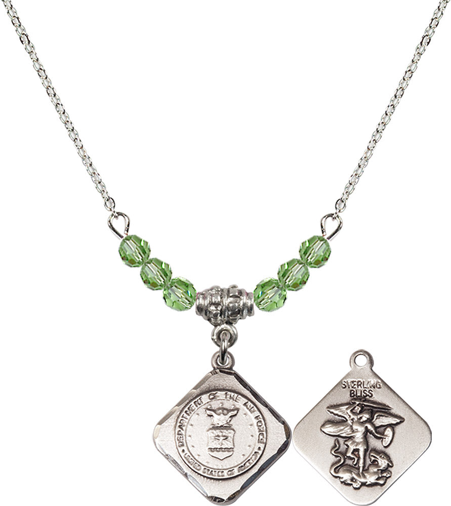 Sterling Silver Air Force Diamond Birthstone Necklace with Peridot Beads - 1180