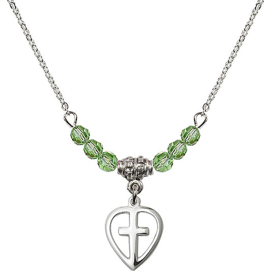 Sterling Silver Heart / Cross Birthstone Necklace with Peridot Beads - 1709