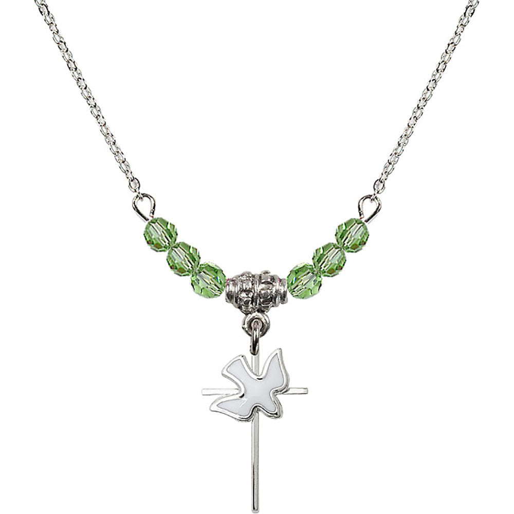 Sterling Silver Cross / Holy Spirit Birthstone Necklace with Peridot Beads - 1812