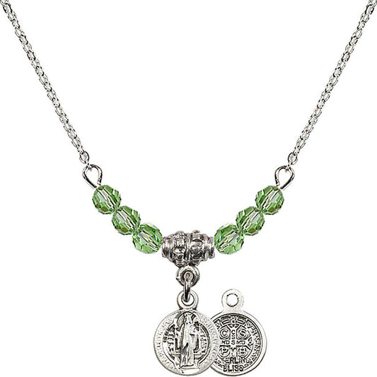 Sterling Silver Saint Benedict Birthstone Necklace with Peridot Beads - 2341
