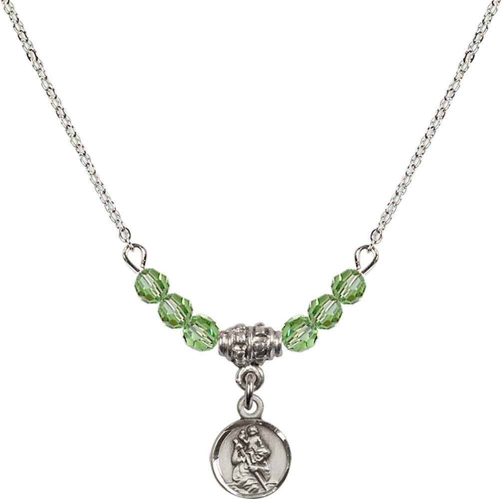 Sterling Silver Saint Christopher Birthstone Necklace with Peridot Beads - 2343