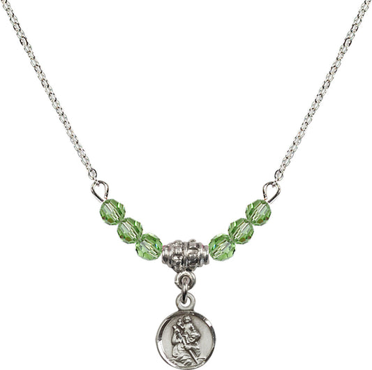 Sterling Silver Saint Christopher Birthstone Necklace with Peridot Beads - 2343