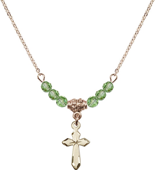 14kt Gold Filled Cross Birthstone Necklace with Peridot Beads - 2529