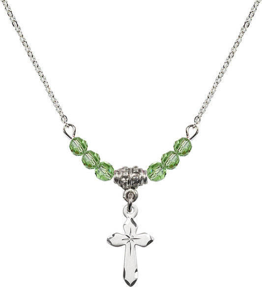 Sterling Silver Cross Birthstone Necklace with Peridot Beads - 2529