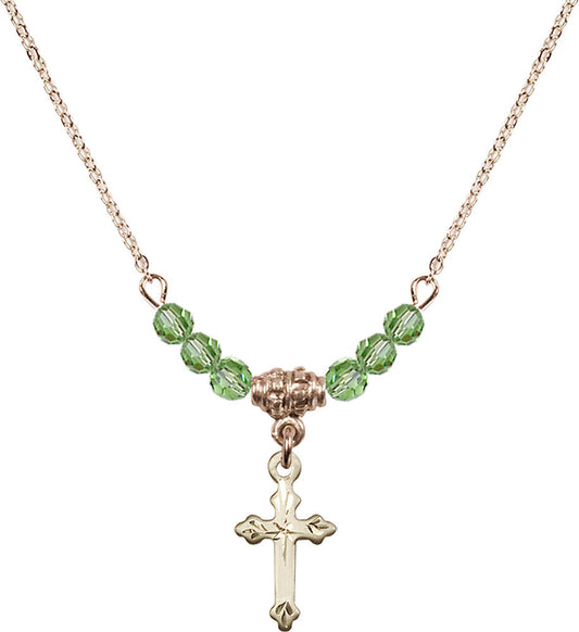 14kt Gold Filled Cross Birthstone Necklace with Peridot Beads - 2531