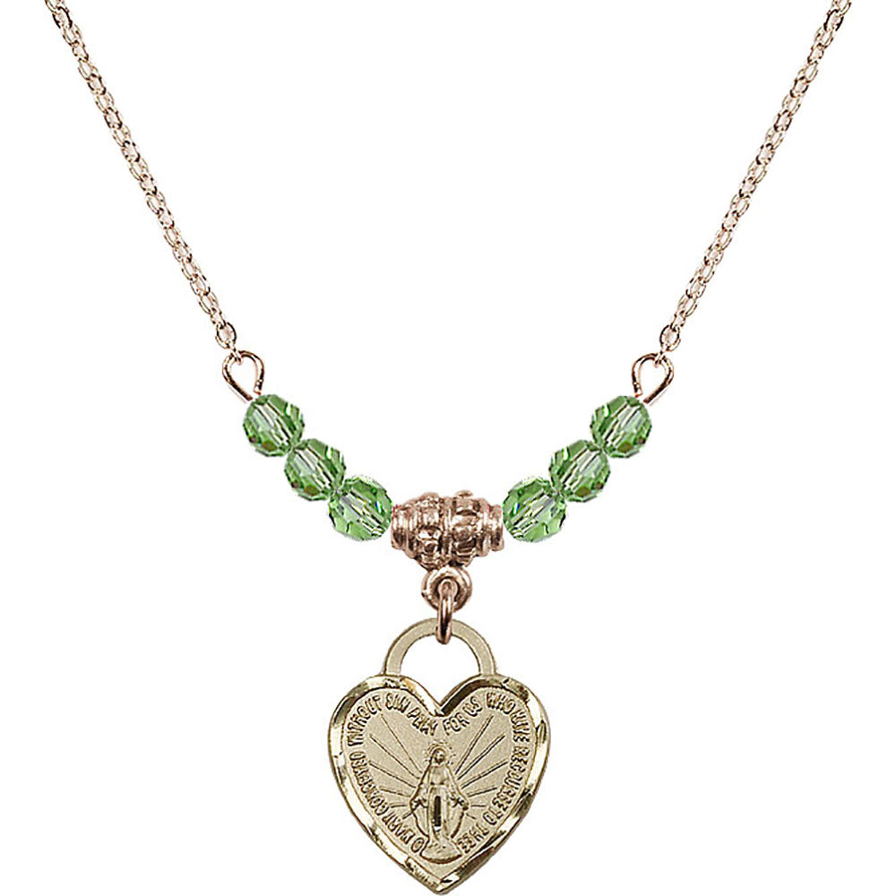 14kt Gold Filled Miraculous Heart Birthstone Necklace with Peridot Beads - 3401