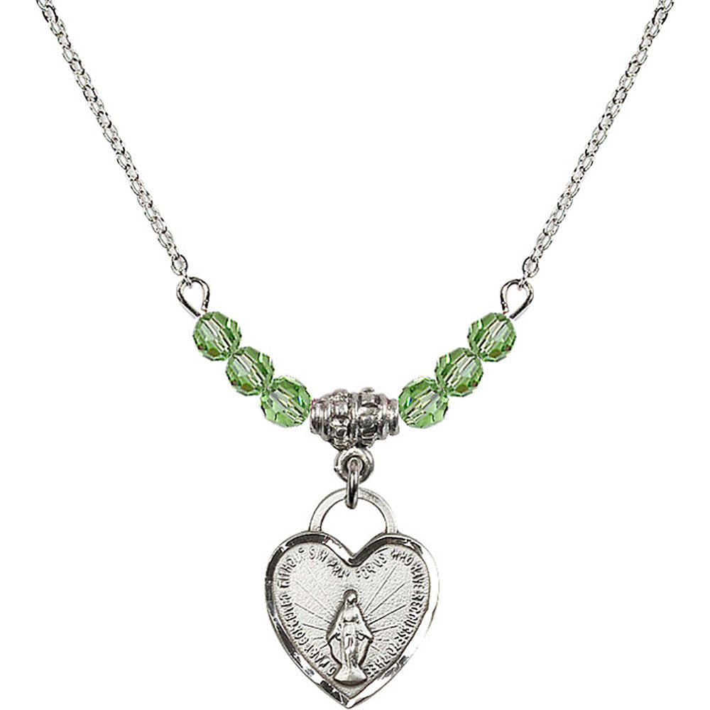 Sterling Silver Miraculous Heart Birthstone Necklace with Peridot Beads - 3401
