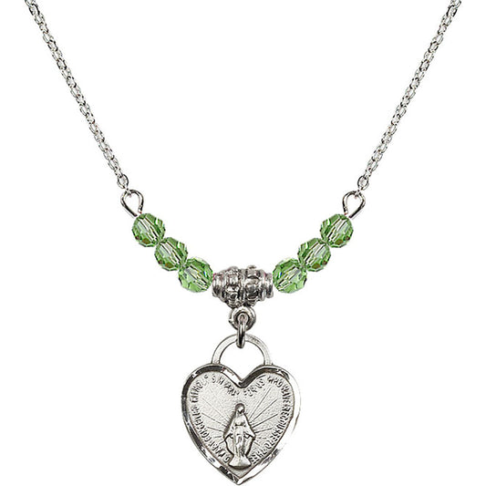 Sterling Silver Miraculous Heart Birthstone Necklace with Peridot Beads - 3401