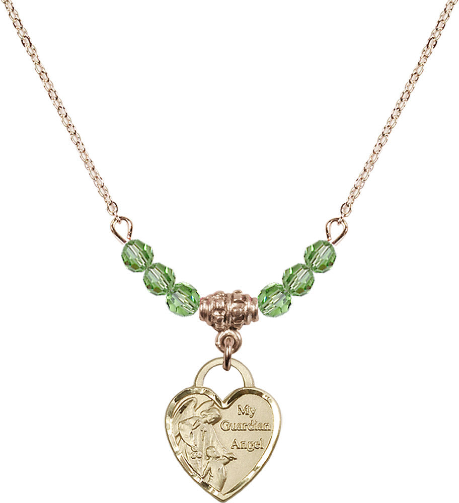 14kt Gold Filled Guardian Angel Heart Birthstone Necklace with Peridot Beads - 3402