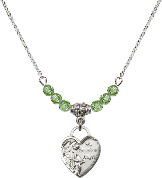 Sterling Silver Guardian Angel Heart Birthstone Necklace with Peridot Beads - 3402