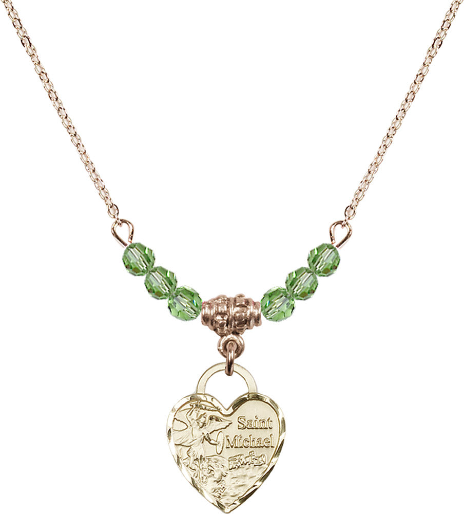 14kt Gold Filled Saint Michael Heart Birthstone Necklace with Peridot Beads - 3403
