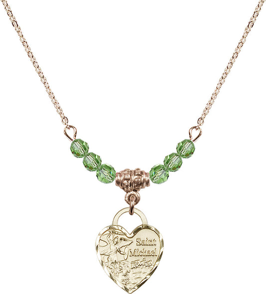 14kt Gold Filled Saint Michael Heart Birthstone Necklace with Peridot Beads - 3403