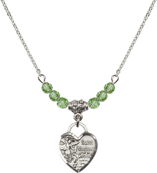 Sterling Silver Saint Michael Heart Birthstone Necklace with Peridot Beads - 3403