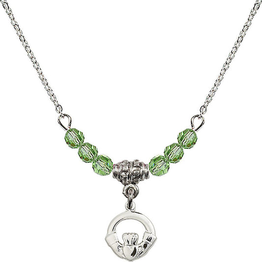 Sterling Silver Claddagh Birthstone Necklace with Peridot Beads - 4113