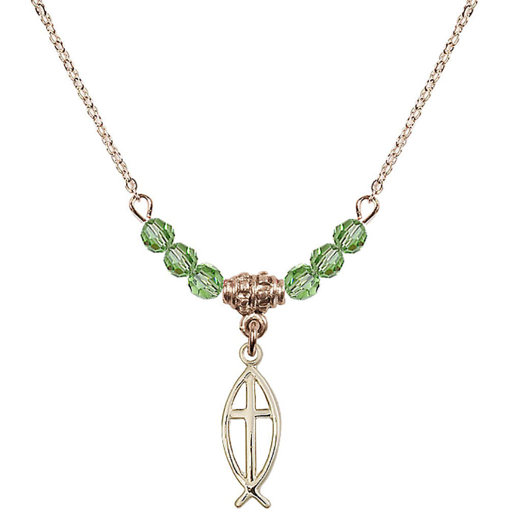 14kt Gold Filled Fish / Cross Birthstone Necklace with Peridot Beads - 4251