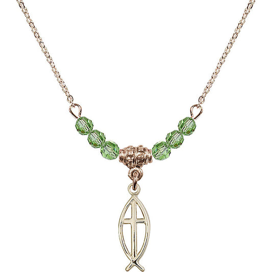 14kt Gold Filled Fish / Cross Birthstone Necklace with Peridot Beads - 4251