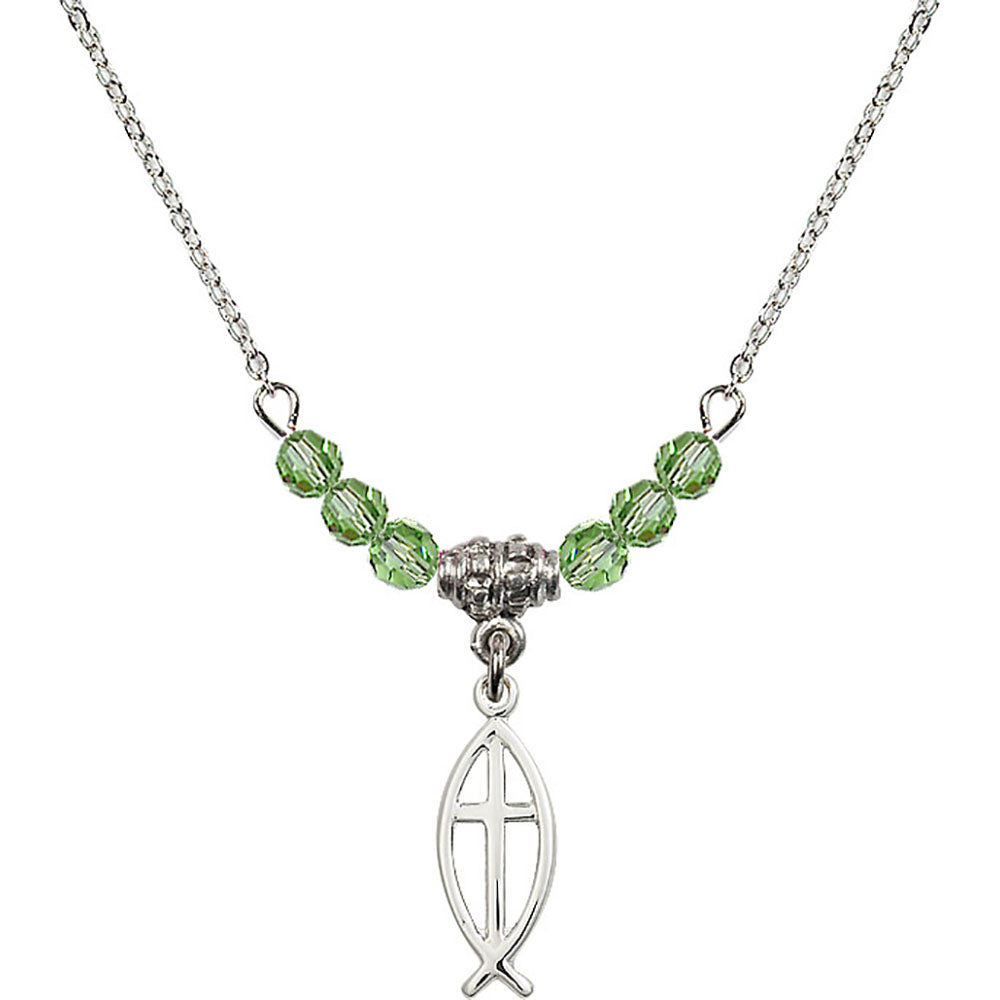 Sterling Silver Fish / Cross Birthstone Necklace with Peridot Beads - 4251
