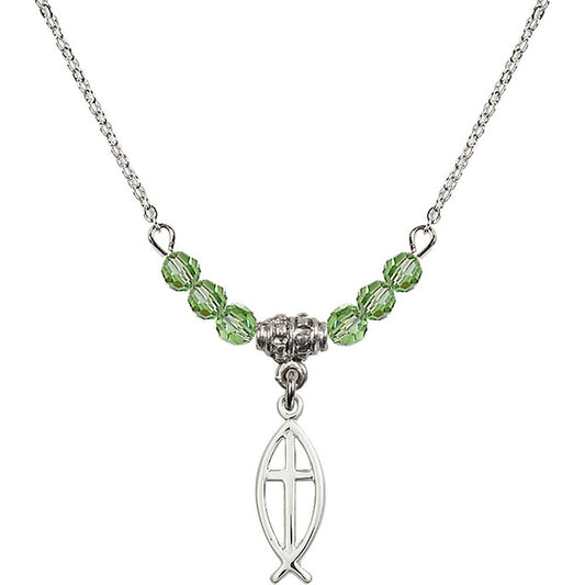 Sterling Silver Fish / Cross Birthstone Necklace with Peridot Beads - 4251