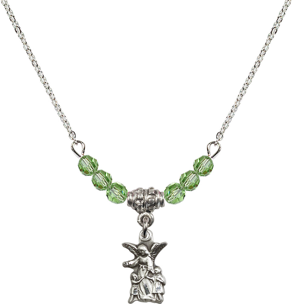 Sterling Silver Guardian Angel Birthstone Necklace with Peridot Beads - 4253