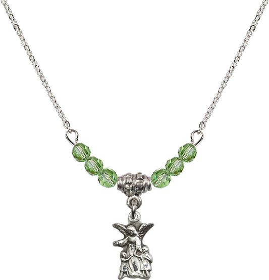 Sterling Silver Guardian Angel Birthstone Necklace with Peridot Beads - 4253