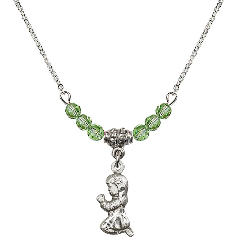 Sterling Silver Praying Girl Birthstone Necklace with Peridot Beads - 4262