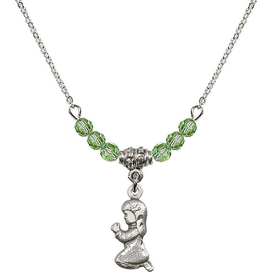 Sterling Silver Praying Girl Birthstone Necklace with Peridot Beads - 4262