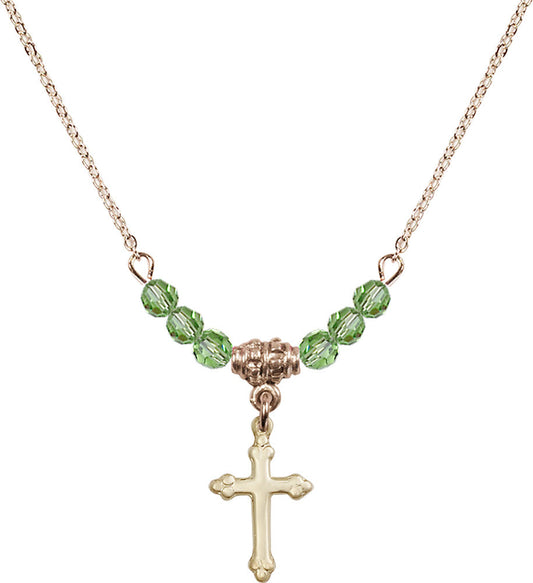 14kt Gold Filled Cross Birthstone Necklace with Peridot Beads - 5415
