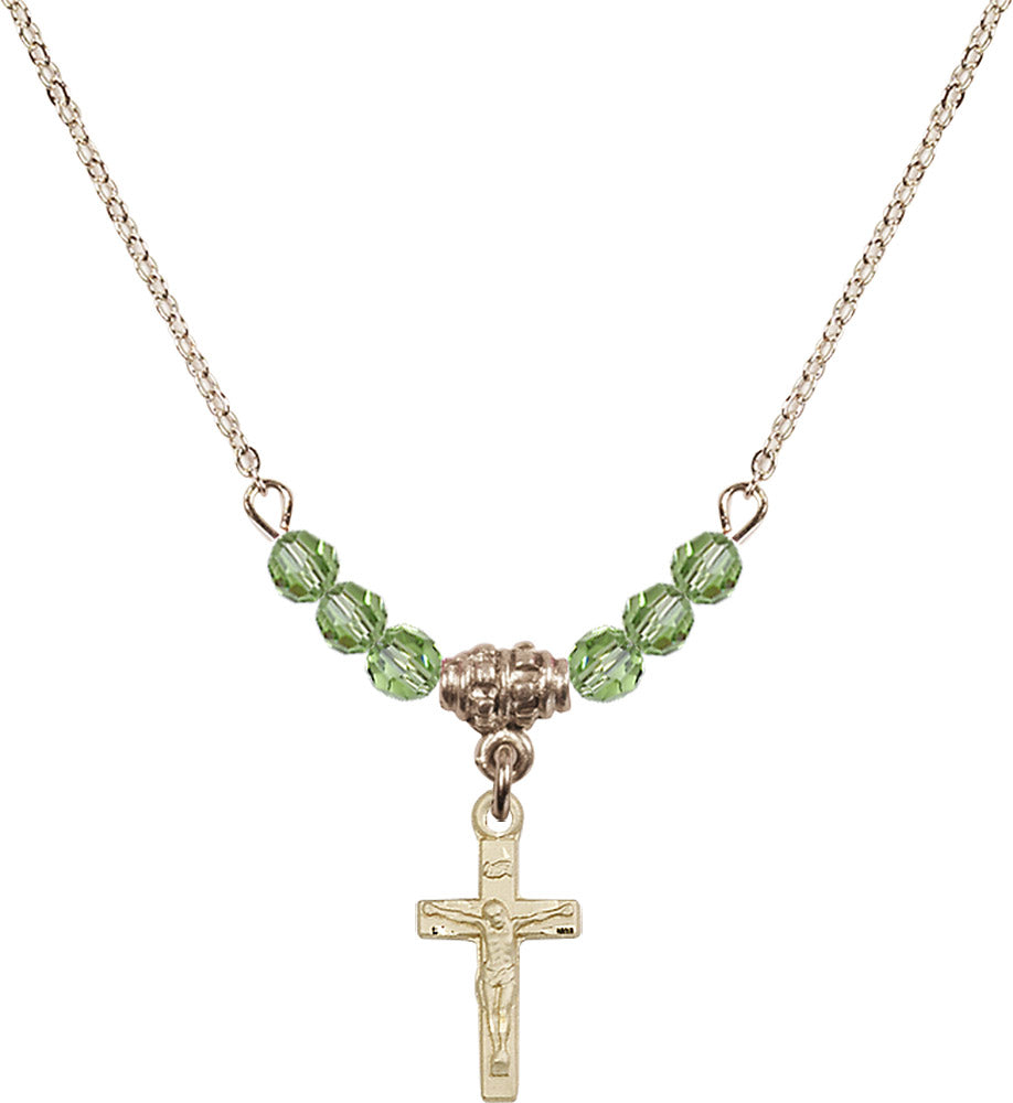 14kt Gold Filled Crucifix Birthstone Necklace with Peridot Beads - 5417
