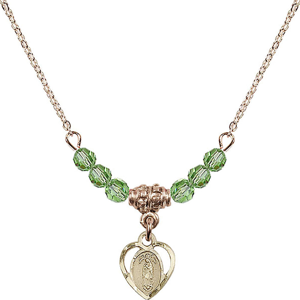 14kt Gold Filled Our Lady of Guadalupe Birthstone Necklace with Peridot Beads - 5422