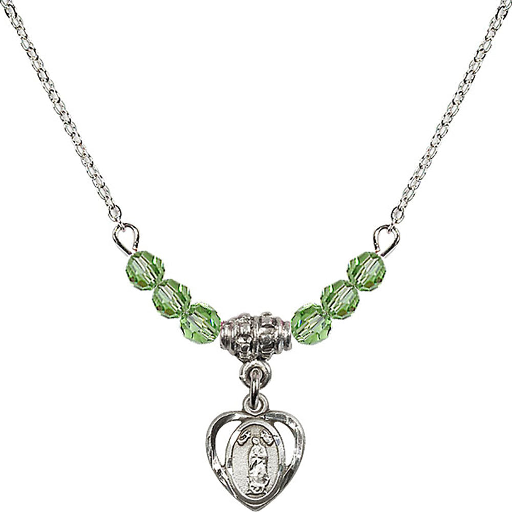 Sterling Silver Our Lady of Guadalupe Birthstone Necklace with Peridot Beads - 5422