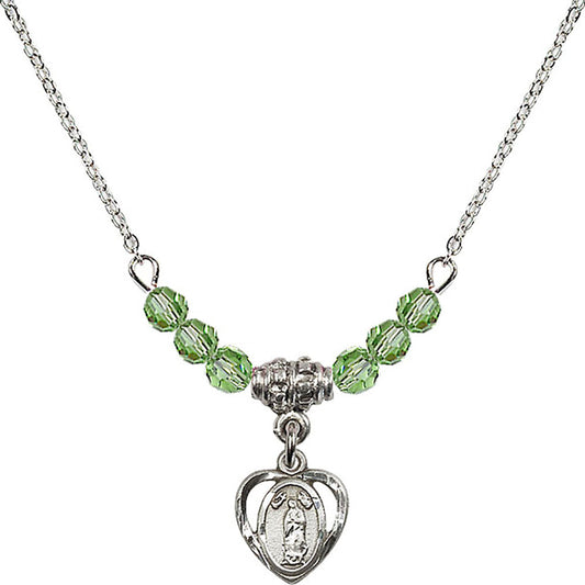 Sterling Silver Our Lady of Guadalupe Birthstone Necklace with Peridot Beads - 5422