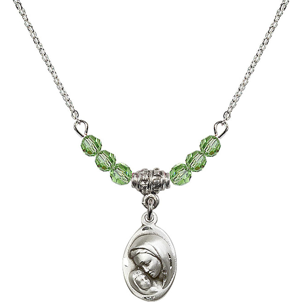 Sterling Silver Madonna & Child Birthstone Necklace with Peridot Beads - 5447