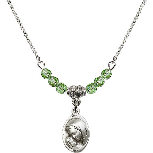 Sterling Silver Madonna & Child Birthstone Necklace with Peridot Beads - 5447