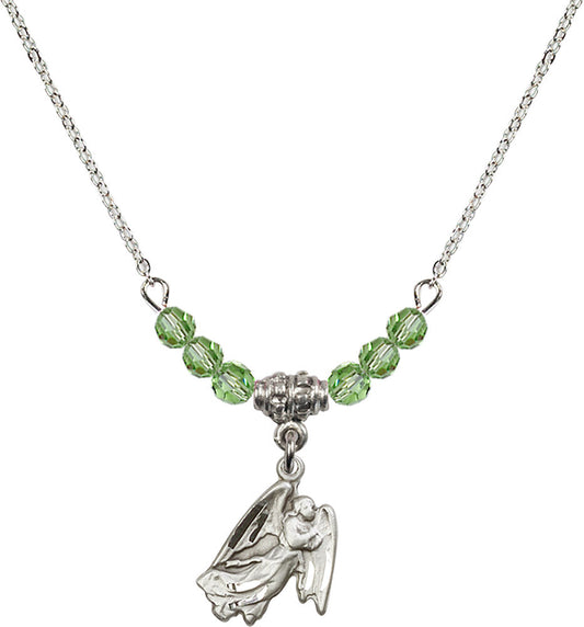 Sterling Silver Guardian Angel Birthstone Necklace with Peridot Beads - 5642